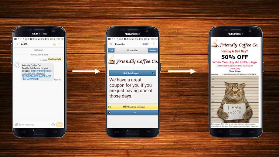 First the customer recieves a text link.  Then an enhanced text message followed by a customized, personalized, branded feature.